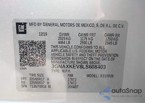 2020 Chevrolet Equinox Fwd Lt 1.5L Turbo из США, поврежденный, VIN 3GNAXKEV8LS608403